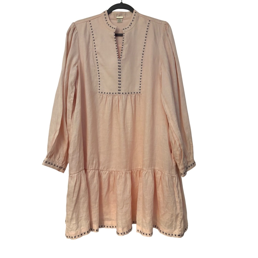Magaschoni Linen Dress Peach/Pink Cross Stitch Embroidered Ruffle Hem Mini M